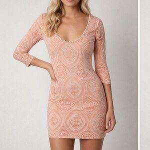 Free People Half Sleeve Sheath Mini Dress Women M Pink Nude Fitted Cotton Blend